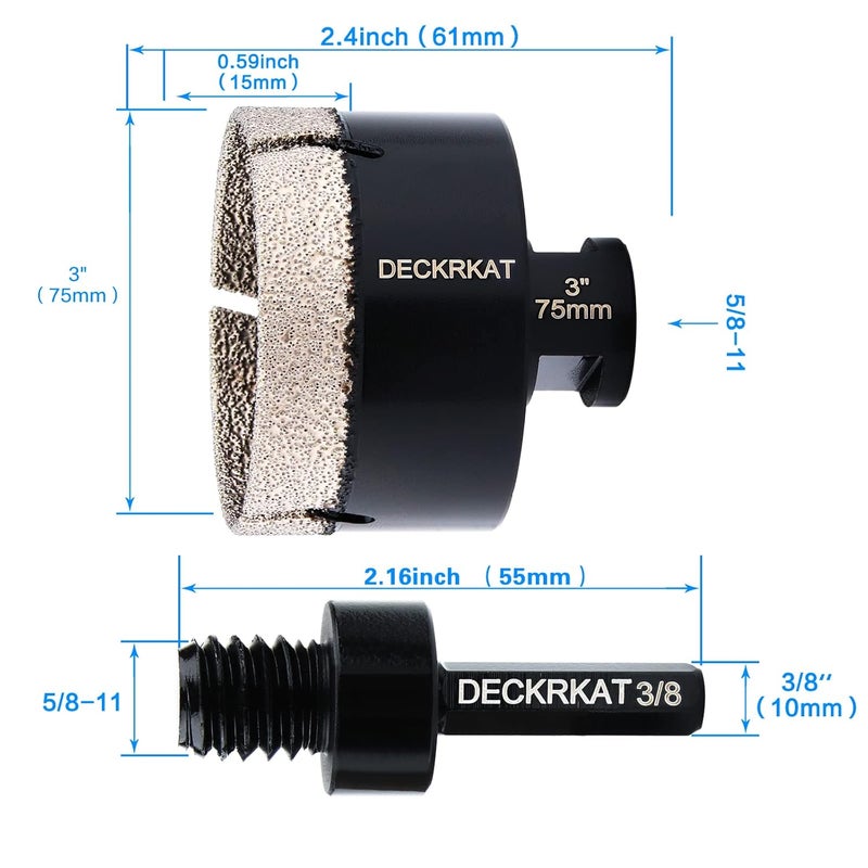 DECKRKAT Diamond Hole Saw, 3" Hole Saw for Tiles Granite Marble Ceramic Glass Porcelain, 75mm Core Drill Bit with 5/8-11 Thread and 3/8” Hex Shank Adapter for Angle Grinders & Drills - Image 2